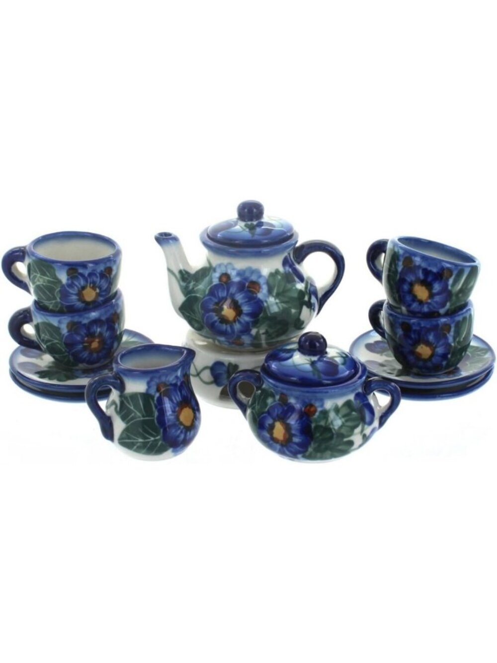 Blue Forget Me Not Miniature Tea Set - Polish Pottery Collectible Teapot & Cups